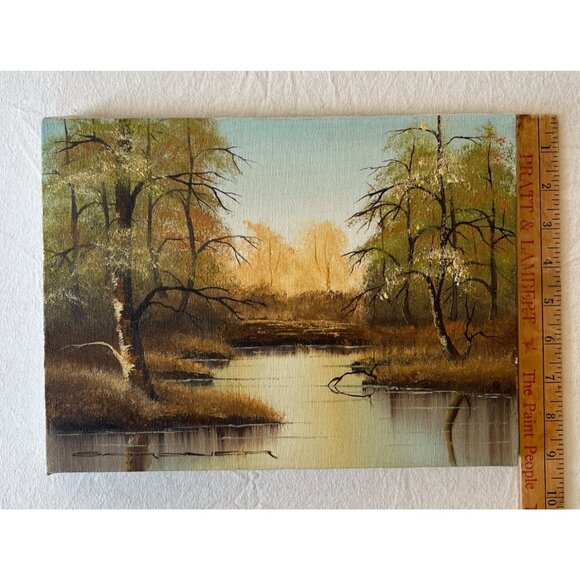 VTG Original Landscape Oil Painting Autumnal Trees Tranquil Stream Canvas 12 x 9 - Picture 6 of 10